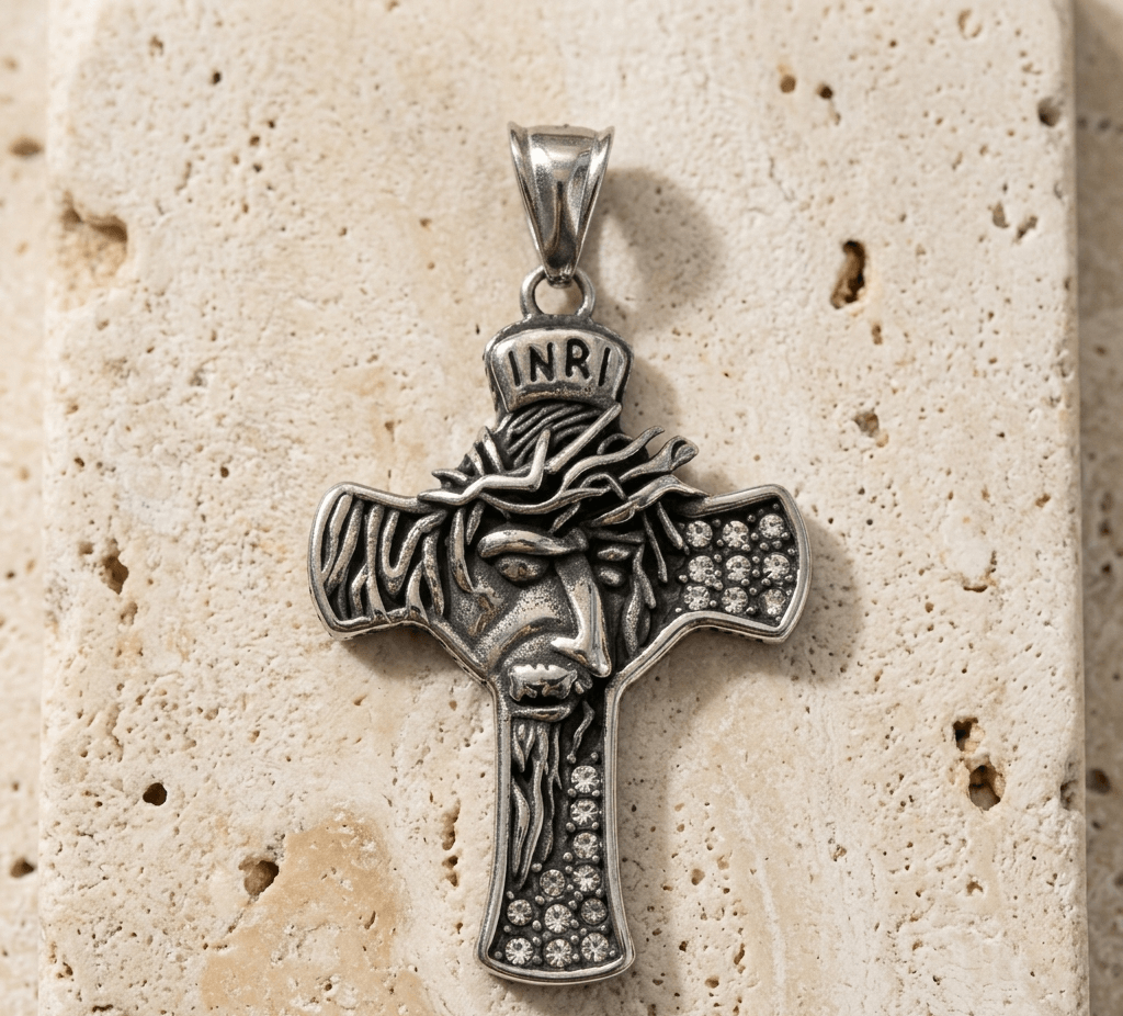 Colgante Cruz de Acero Envejecido Rostro de Jesús