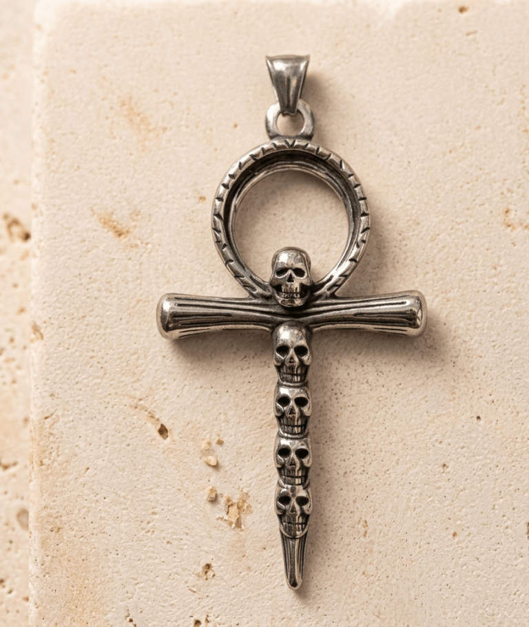 Colgante Cruz Ankh Gótica con Calaveras