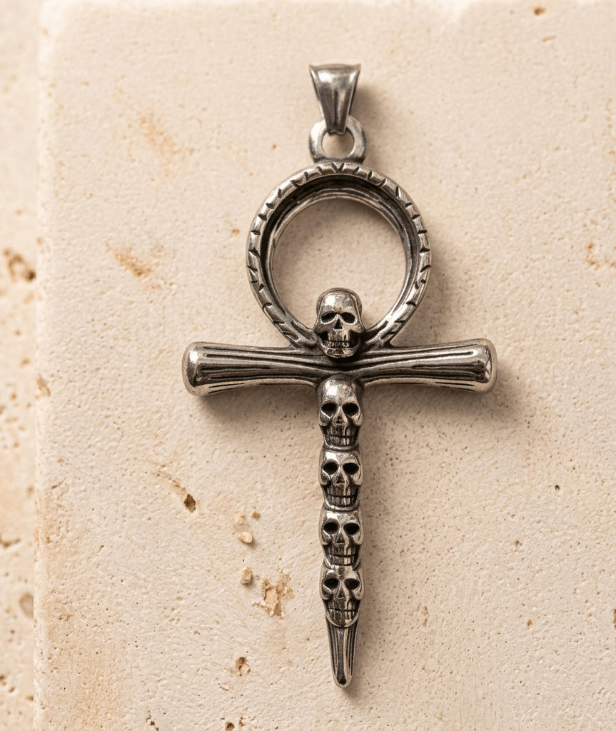 Colgante Cruz Ankh Gótica con Calaveras