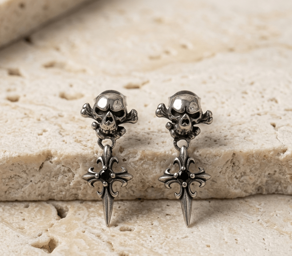Pendientes Colgantes de Calavera Gótica y Cruz Fleur-de-Lis