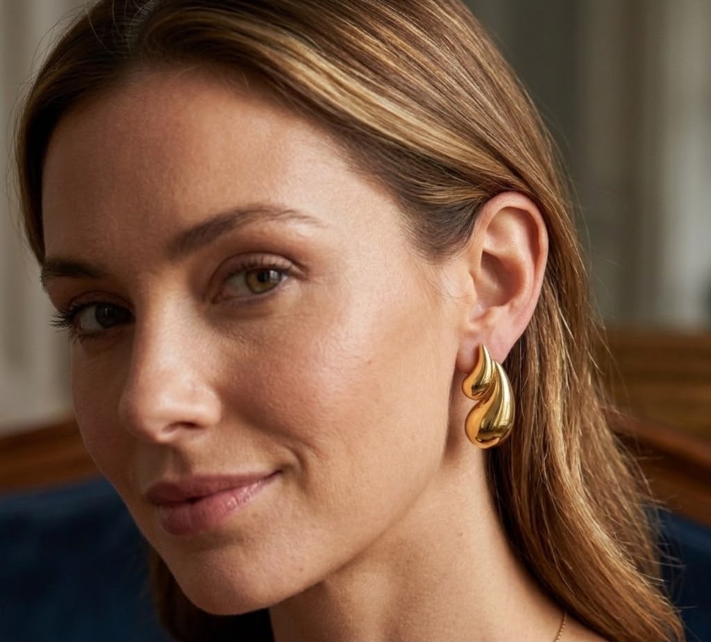 Aros Gota Doble Dorados Estilo Chunky Minimalista
