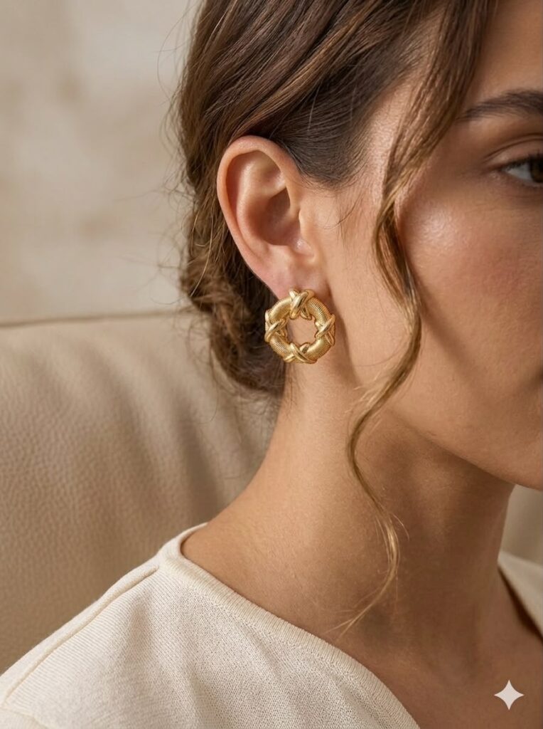 Pendientes de Aro Texturizados en Tono Dorado con Detalles Cruzados