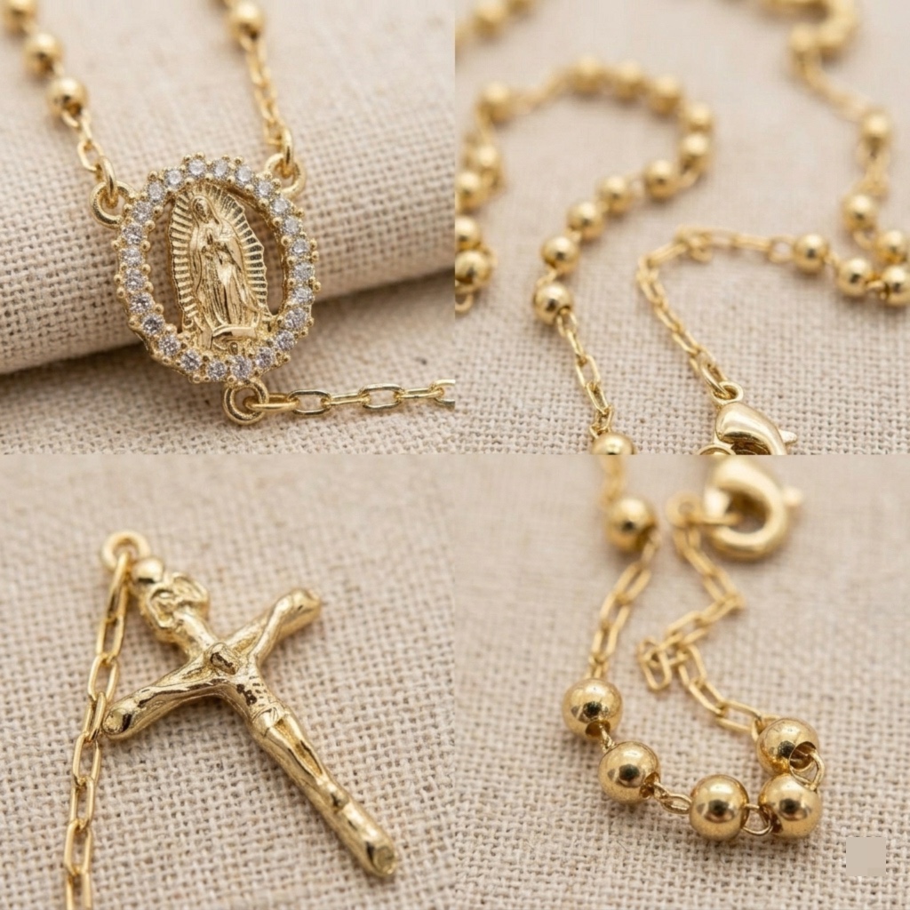 Collar Rosario en Rodio con Medalla de la Virgen de Guadalupe y Crucifijo
