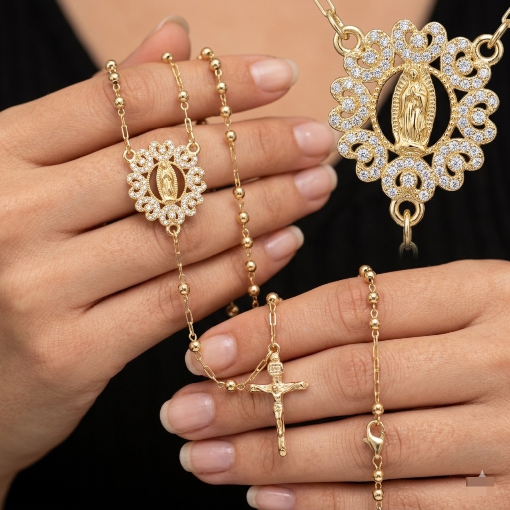 Collar Rosario de Rodio con Medalla Virgen de Guadalupe y Cruz