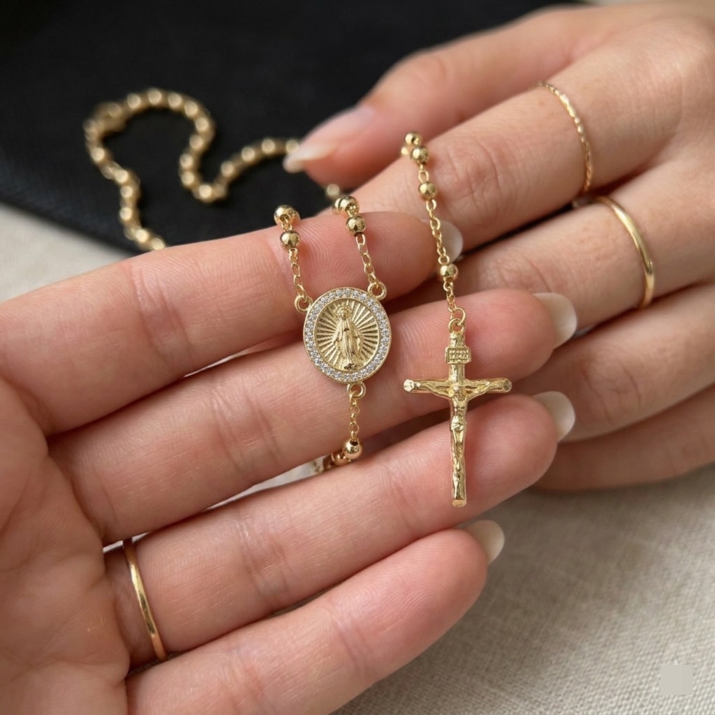 Collar Rosario de Rodio con Medalla de la Virgen y Crucifijo