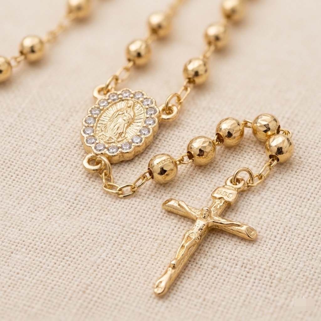 Collar Rosario en Rodio con Medalla de la Virgen de Guadalupe