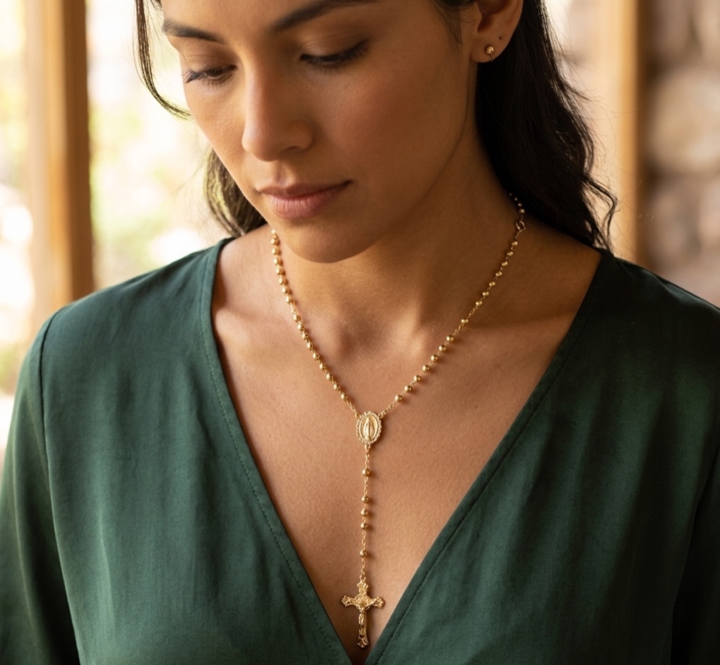 Collar Rosario en Rodio con Medalla de la Virgen de Guadalupe