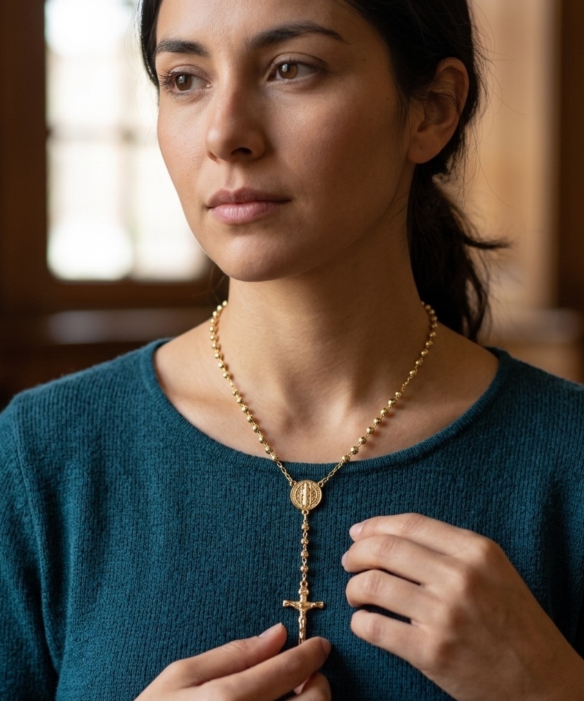 Rosario de Collar en Rodio con Medalla de San Benito y Cruz Estilizada