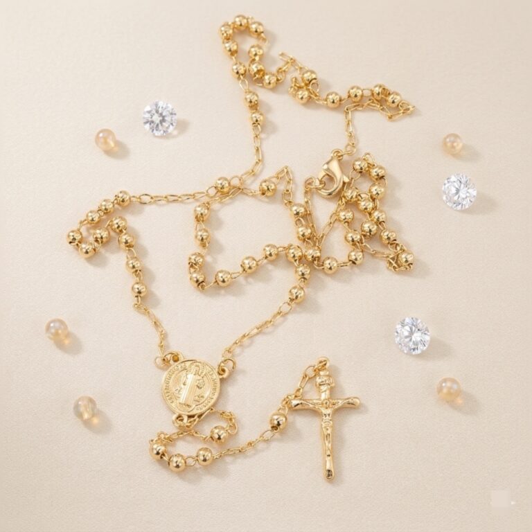Rosario de Collar en Rodio con Medalla de San Benito y Cruz Estilizada