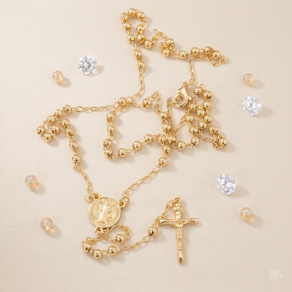 Rosario de Collar en Rodio con Medalla de San Benito y Cruz Estilizada