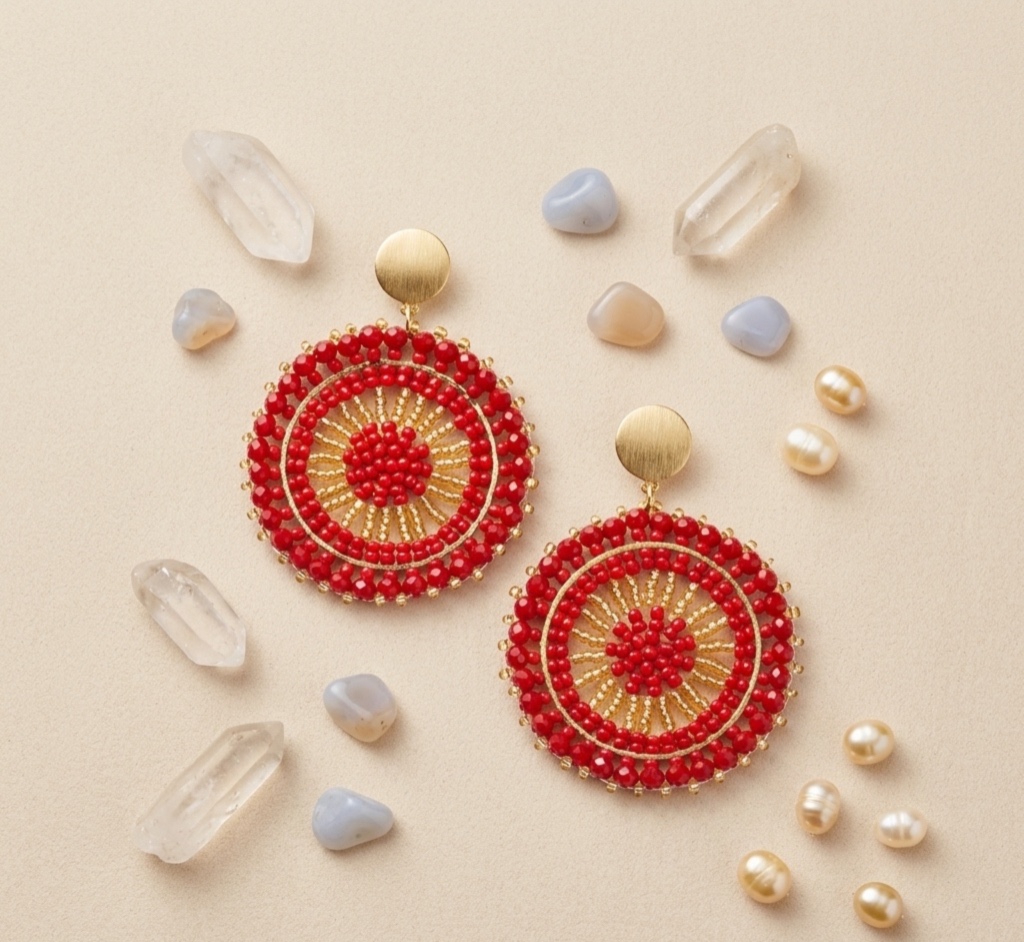 Aros Mandala en Tejido Miyuki y Cristales – Rojo Vibrante
