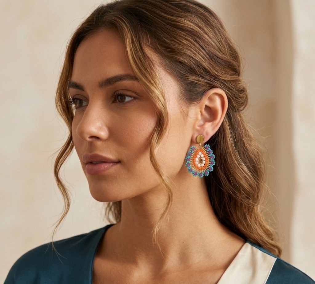 Aros Artesanales Miyuki en Tono Turquesa y Naranja