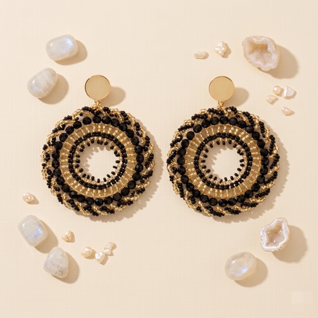 Maxi Aros Circulares Miyuki – Negro Absoluto y Destellos Dorados