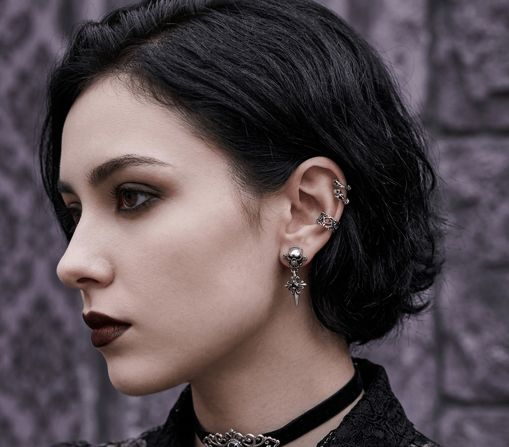 Pendientes Colgantes de Calavera Gótica y Cruz Fleur-de-Lis