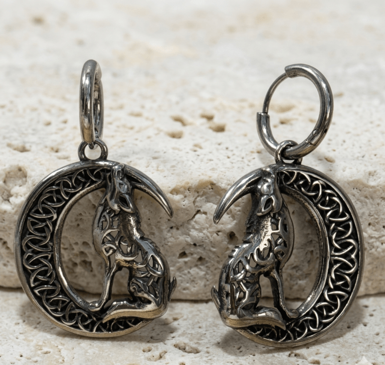 Pendientes de Aro con Lobo y Luna Creciente Celta