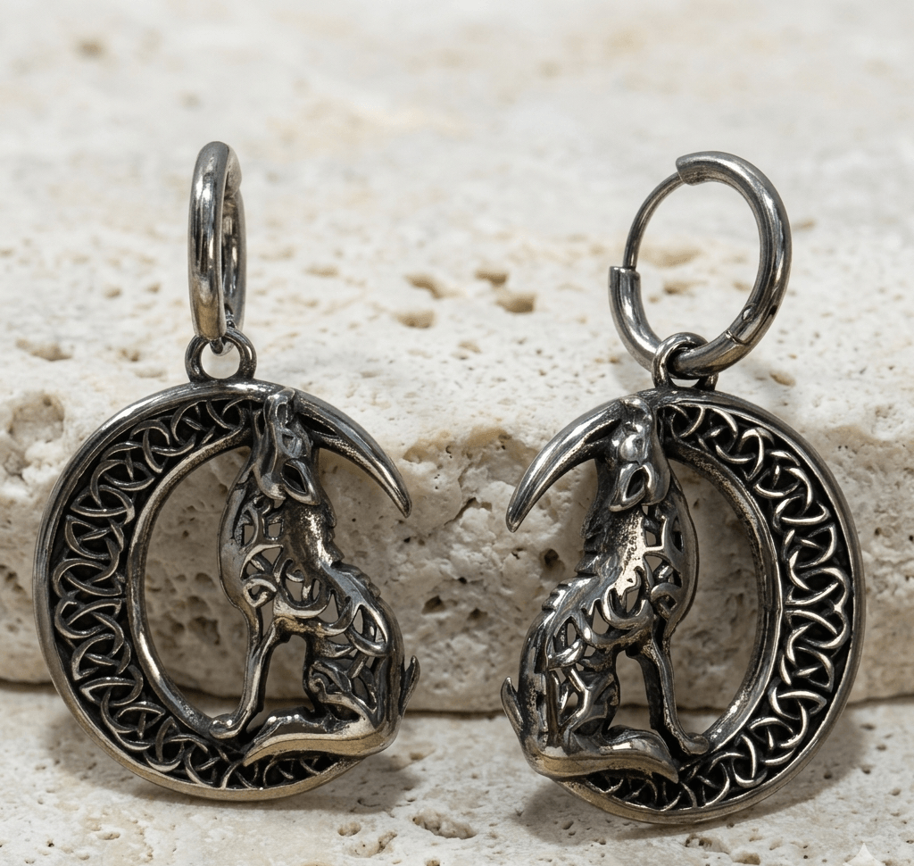 Pendientes de Aro con Lobo y Luna Creciente Celta