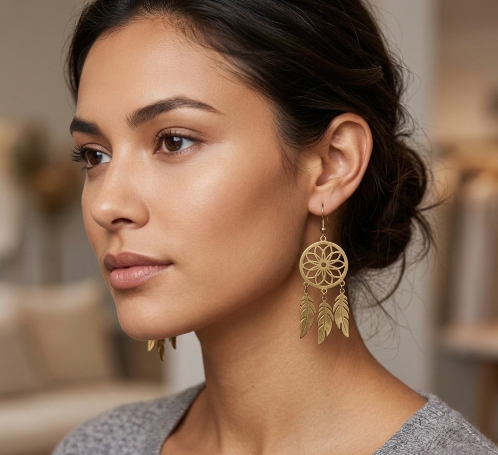 Aros Colgantes Atrapasueños de Plumas en Filigrana Estilo Bohemio Chic