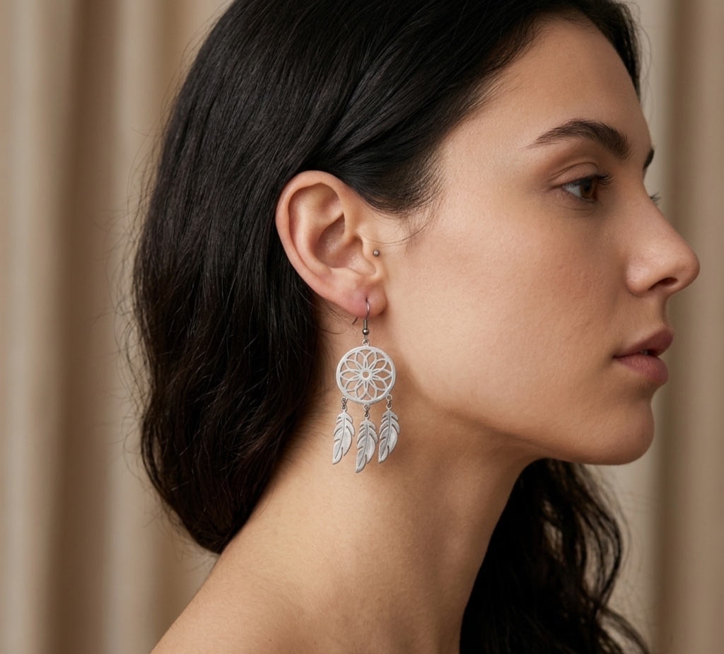 Aros Colgantes Atrapasueños de Plumas en Filigrana Estilo Bohemio Chic