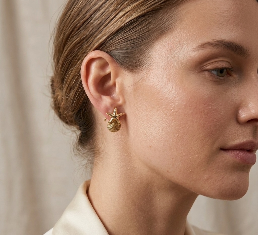 Aros Ocean Charm – Estrella de Mar y Concha Texturizada en Tono Dorado