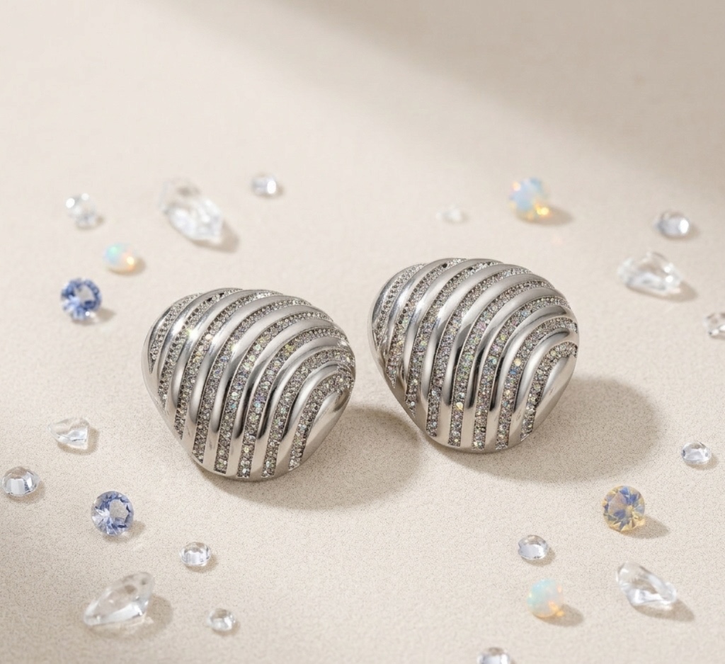 Aros de Botón Estilo Bombé Ondulado con Pavé de Cristales