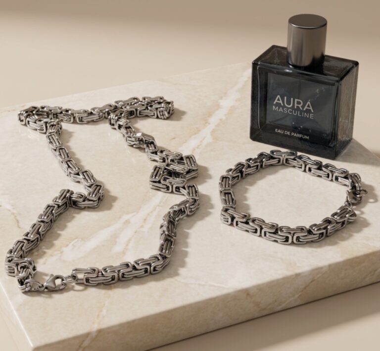 Set de Cadena y Pulsera Plateado para Hombre Tejido Bizantino (Camino del Inca)