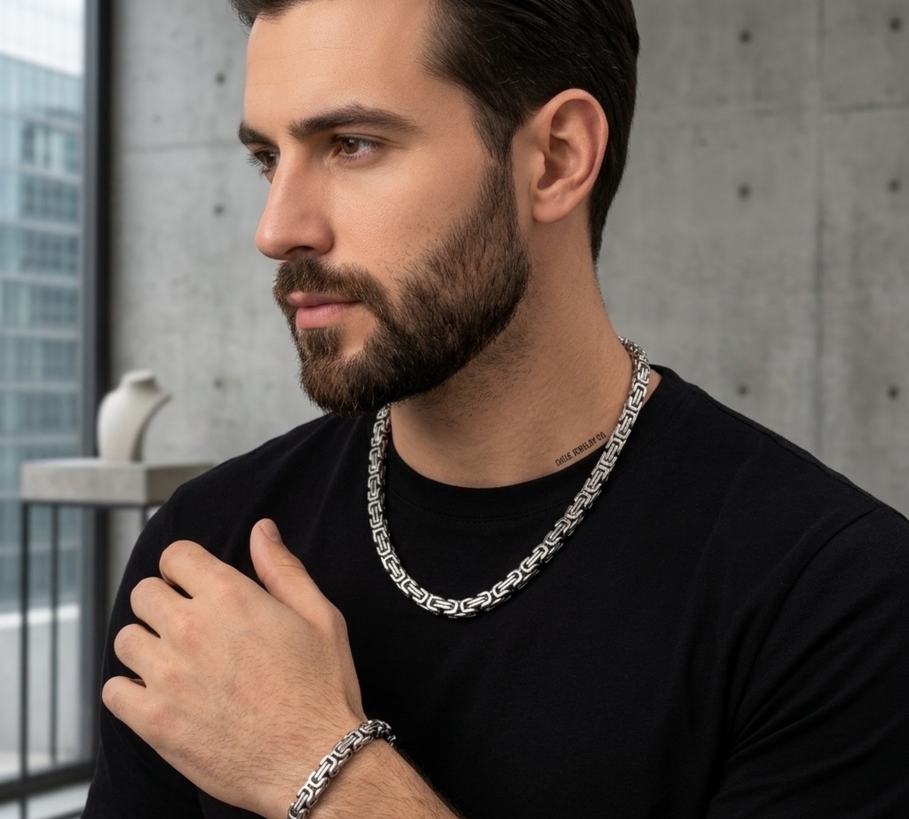 Set de Cadena y Pulsera Plateado para Hombre Tejido Bizantino (Camino del Inca)