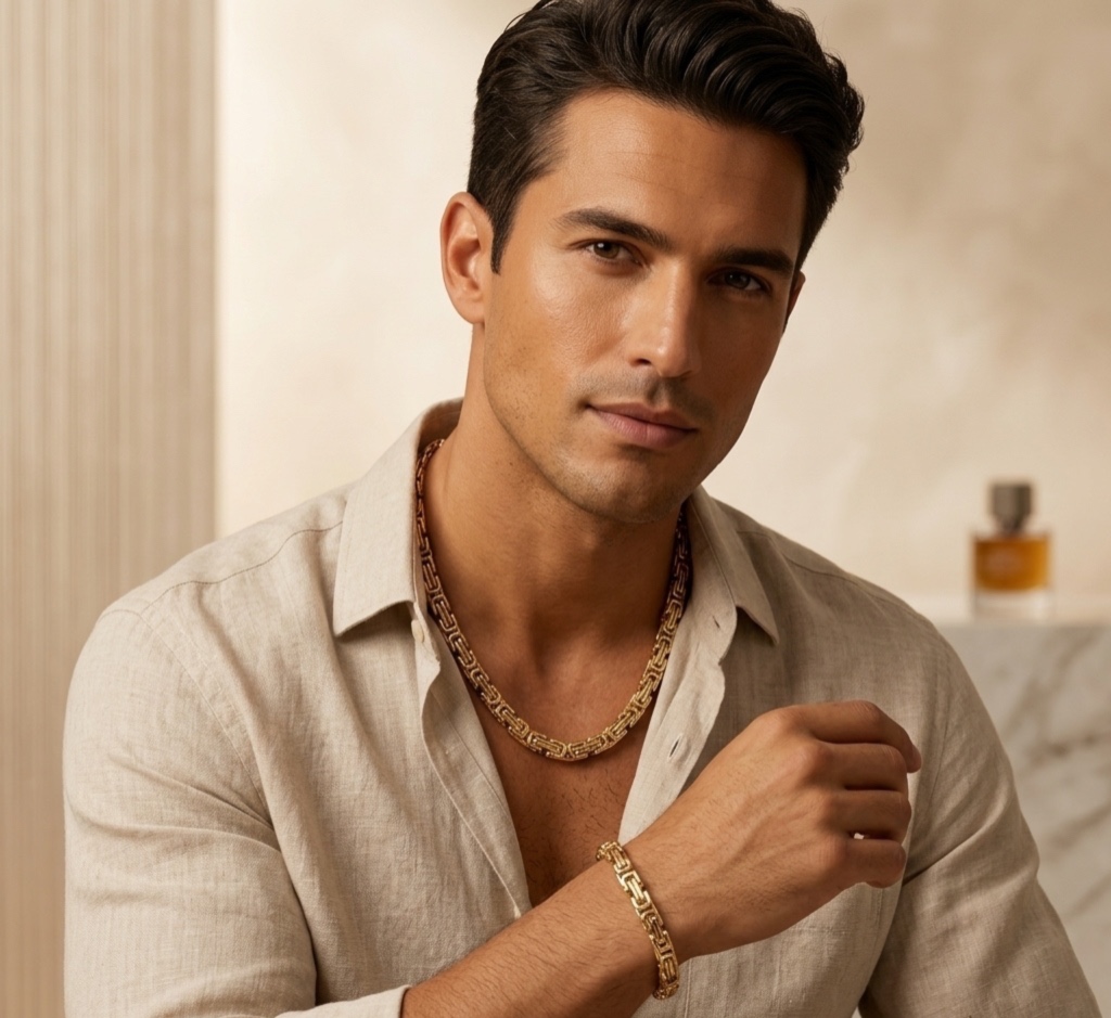 Set de Cadena y Pulsera Dorado para Hombre Tejido Bizantino (Camino del Inca)