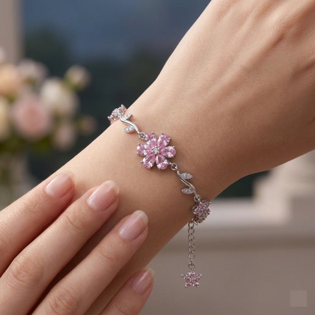 Pulsera de Plateada con Diseño Enredadera con Flores de Cristales