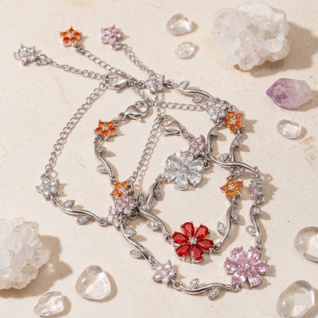 Pulsera de Plateada con Diseño Enredadera con Flores de Cristales