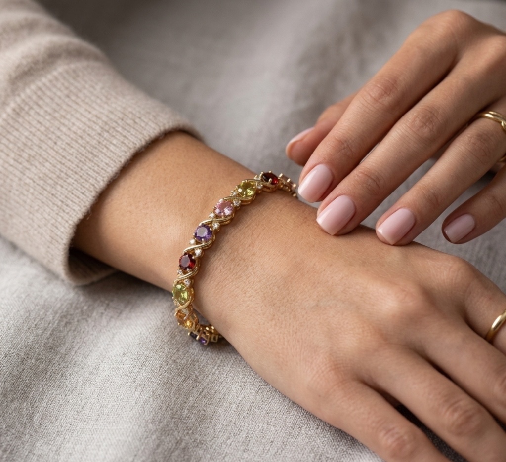 Pulsera de Rodio con Gemas Multicolor y Cristales Brillantes