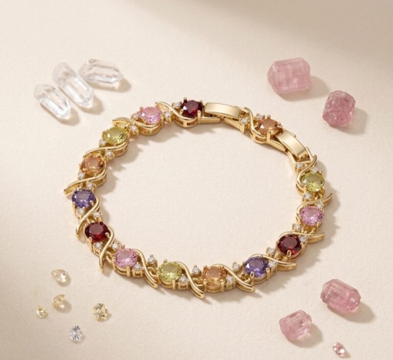 Pulsera de Rodio con Gemas Multicolor y Cristales Brillantes