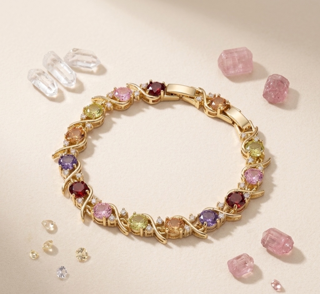 Pulsera de Rodio con Gemas Multicolor y Cristales Brillantes