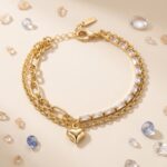 Pulsera de Cadena Doble con Dije de Corazón Inflado y Circonias Baguette