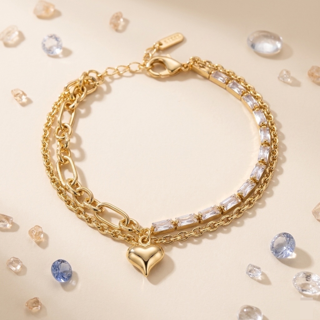 Pulsera de Cadena Doble con Dije de Corazón Inflado y Circonias Baguette