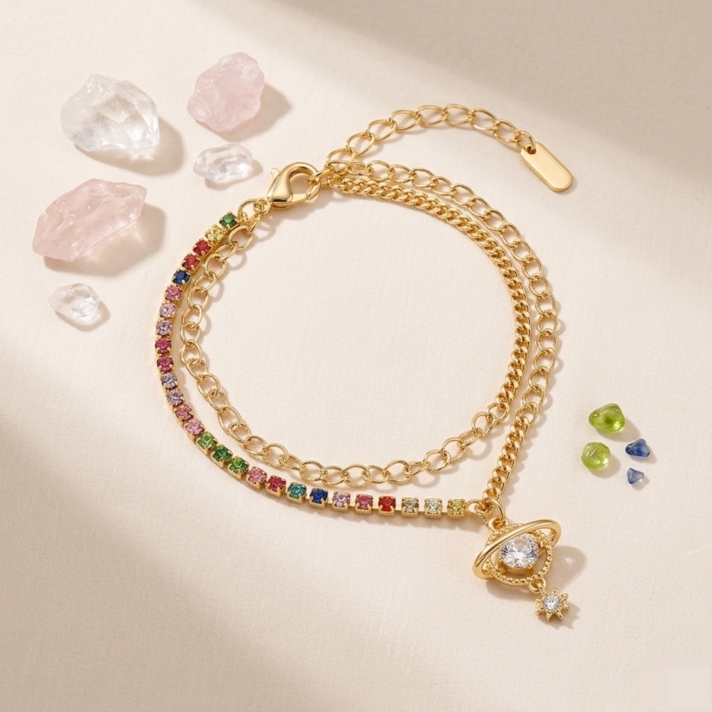 Pulsera Doble Capa Dorada con Cadena Tennis Arcoíris y Dije de Saturno