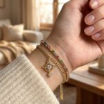 Pulsera Doble Capa Dorada con Cadena Tennis Arcoíris y Dije de Saturno