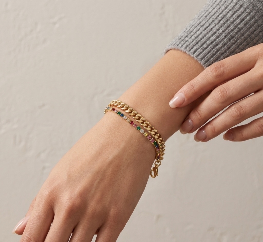 Pulsera Dual de Eslabones y Cristales Arcoíris