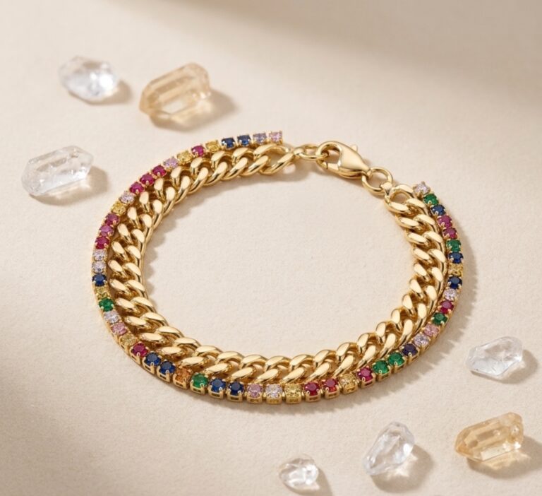 Pulsera Dual de Eslabones y Cristales Arcoíris
