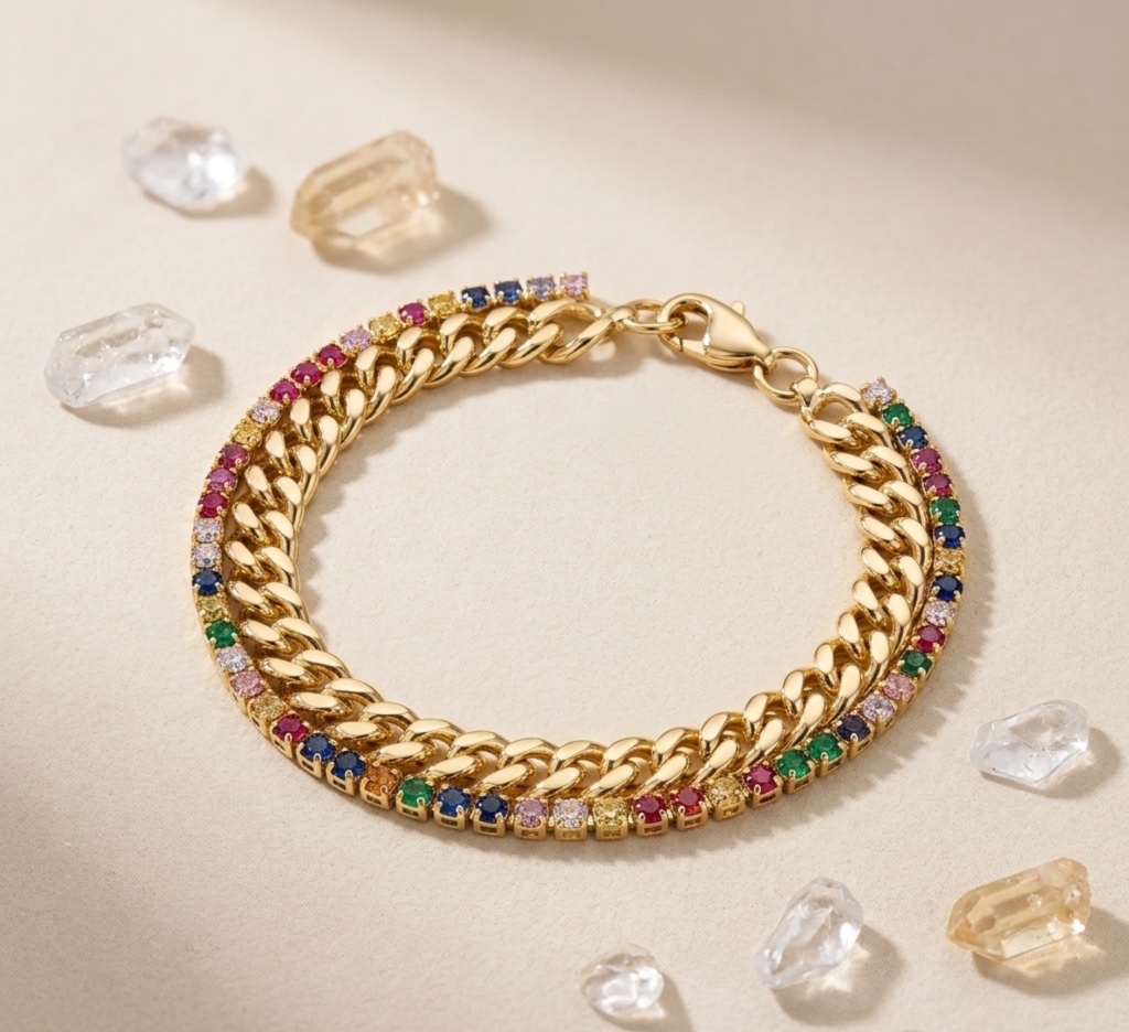 Pulsera Dual de Eslabones y Cristales Arcoíris