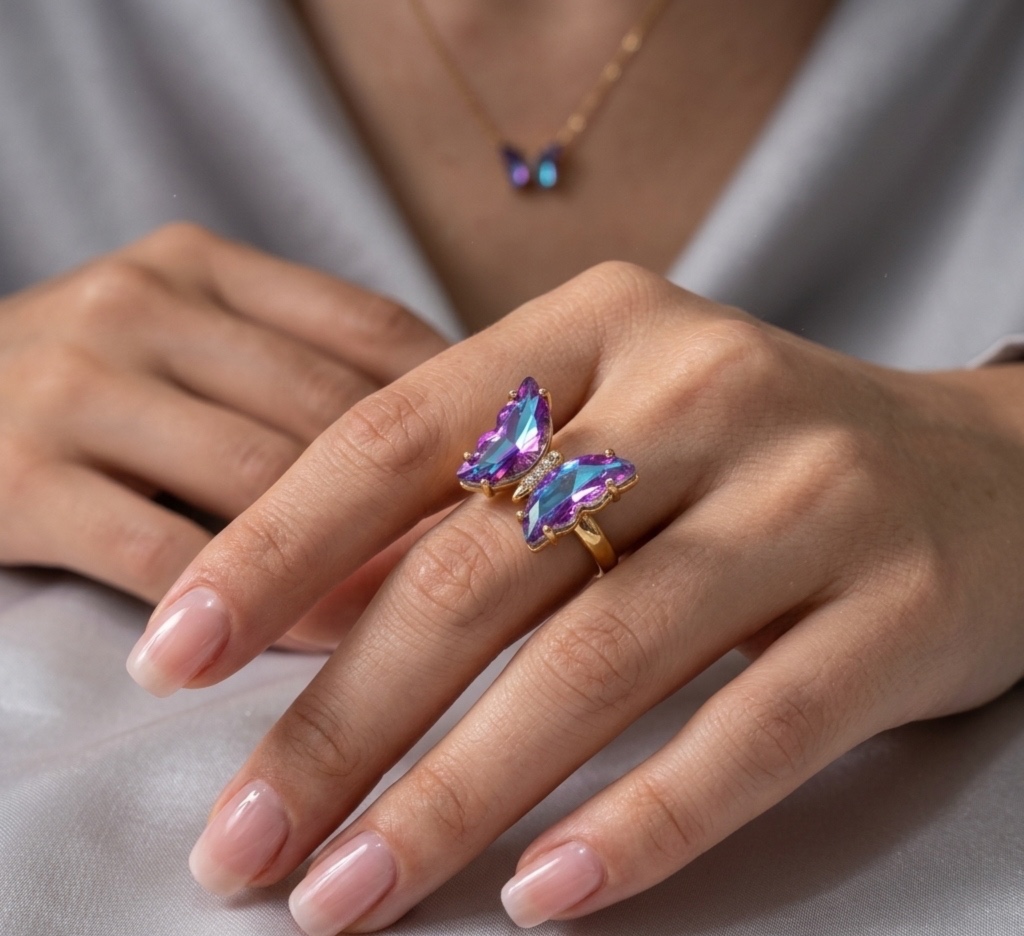 Anillo de Mariposa con Cristales Facetados Multicolores