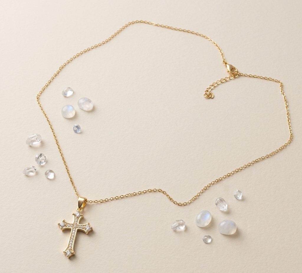 Cadena Delgada con Dije de Cruz Retro Retro e Incrustaciones de Circonia
